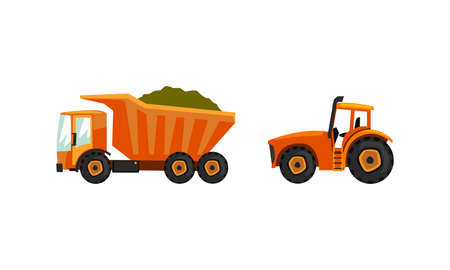 Set of Heavy Agricultural Vehicles for Harvesting Crops Flat Vector Illustrationのイラスト素材