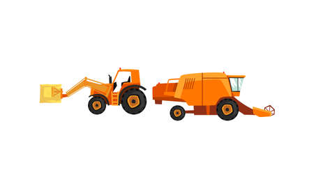 Heavy Agricultural Machinery Set, Combine and Tractor Flat Vector Illustrationのイラスト素材