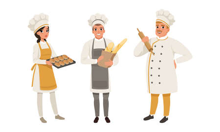 Professional Bread Bakers in Uniform Set, Bakehouse Workers with Freshly Baked Bread and Baguette Cartoon Vector Illustrationのイラスト素材