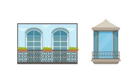 Balcony Windows Colllection, Retro House Facade Design Elements Vector Illustrationのイラスト素材