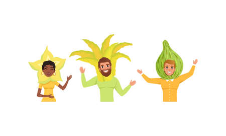 Smiling People in Fruit Headdress, Happy Persons Wearing Feijoa, Citron, Carambola, Headgears Cartoon Vector Illustrationのイラスト素材
