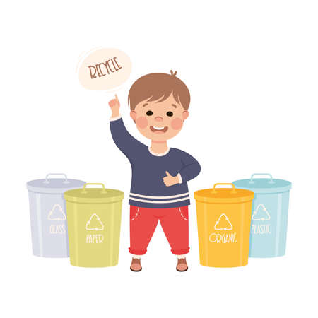 Boy Collecting Rubbish for Recycling, Kid Segregating Trash, Save the World, Ecology Concept Cartoon Vector Illustrationのイラスト素材