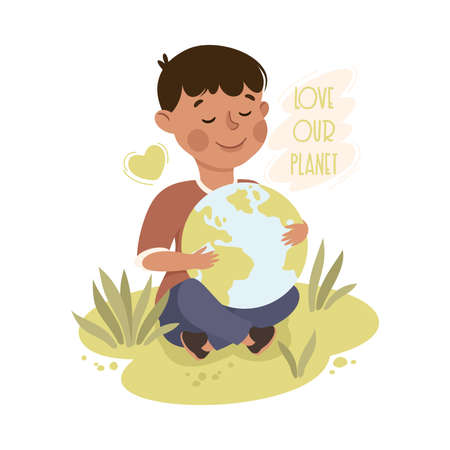 Happy Boy Sitting on Green Lawn with Earth Globe, Save the World, Ecology Concept Cartoon Vector Illustrationのイラスト素材