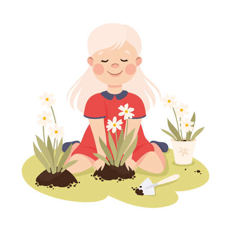 Adorable Girl Planting Flowers, Save the World, Ecology Concept Cartoon Vector Illustrationのイラスト素材
