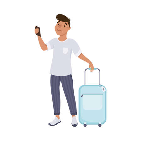 Man Tourist Standing with Suitcase and Smartphone, Guy Going on Summer Vacation Cartoon Vector Illustrationのイラスト素材