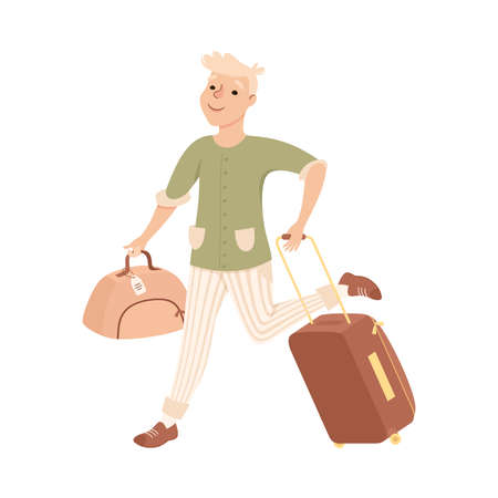 Guy Hurrying to Flight at Airport, Male Tourist Carrying Luggage Going on Summer Vacation Cartoon Vector Illustrationのイラスト素材