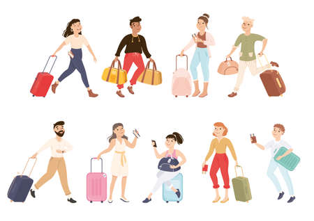 People Tourists Carrying Luggage Set, Men and Women Going on Vacation Trip or Journey Cartoon Vector Illustrationのイラスト素材
