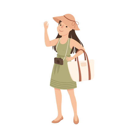 Young Woman Tourist Visiting Sights, Girl Visiting New Countries and Travelling on Summer Vacation Cartoon Vector Illustrationのイラスト素材