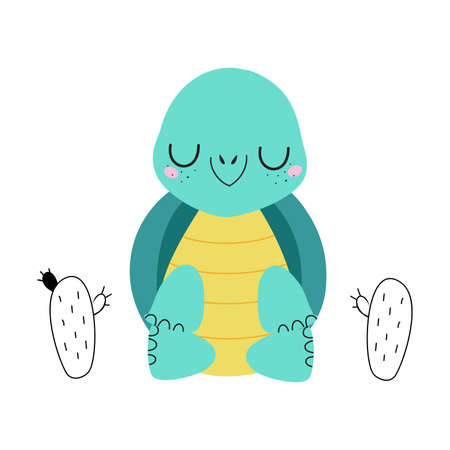 Cute Turtle with Shell and Short Feet Engaged in Meditation Vector Illustrationのイラスト素材
