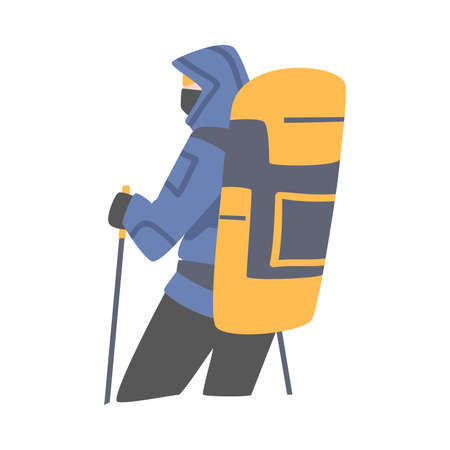 Man Character with Backpack Ascending Mountain Vector Illustrationのイラスト素材