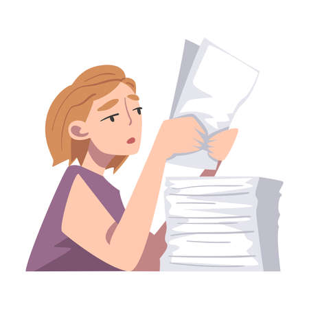 Young Tired Female Sitting at Table with Pile of Papers Vector Illustrationのイラスト素材