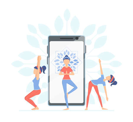Woman Doing Yoga Exercise Using Smartphone with Yoga Application, Wellness and Healthy Lifestyle Concept Cartoon Vector Illustrationのイラスト素材