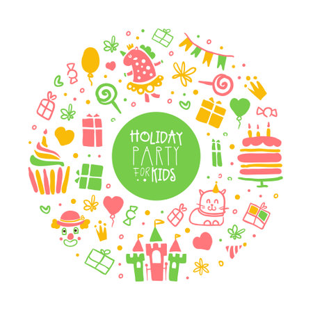 Holiday Party for Kids Banner Template, Birthday Party Decoration Poster, Festive Background, Invitation Card Cartoon Vector Illustrationのイラスト素材
