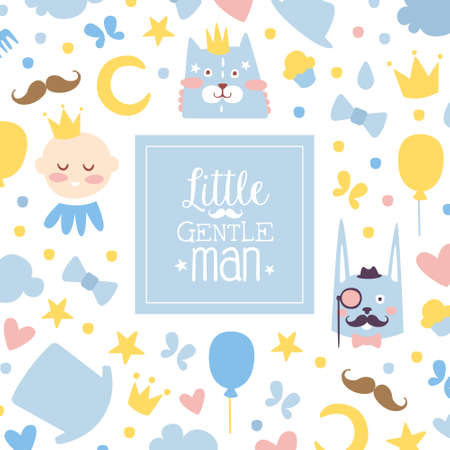 Little Gentleman Banner Template, Baby Boy Shower and Birthday Party Poster, Invitation Card with Cute Childish Seamless Pattern Cartoon Vector Illustrationのイラスト素材