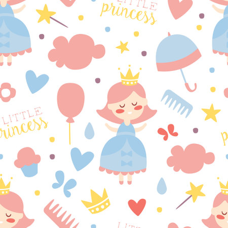 Little Princess Seamless Pattern, Baby Girl Shower, Birthday Party or Nursery Decoration Background, Wallpaper, Textile, Packaging Design Cartoon Vector Illustrationのイラスト素材