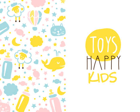 Toys Happy Kids Banner Template, Baby Products and Accessories Store Poster, Brochure, Book Cover, Card Cartoon Vector Illustrationのイラスト素材