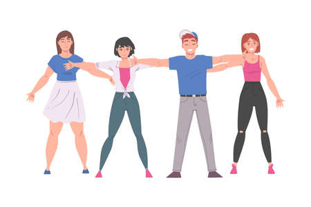People Standing Together Embracing Each Other, Friendship, Solidarity, Cooperation and Help Between People Cartoon Style Vector Illustrationのイラスト素材