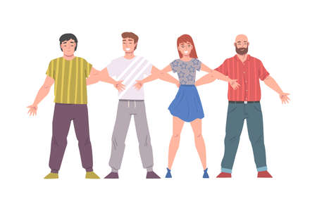 Young People Standing Together Hugging Each Other, Friendship, Solidarity, Cooperation Concept Cartoon Style Vector Illustrationのイラスト素材