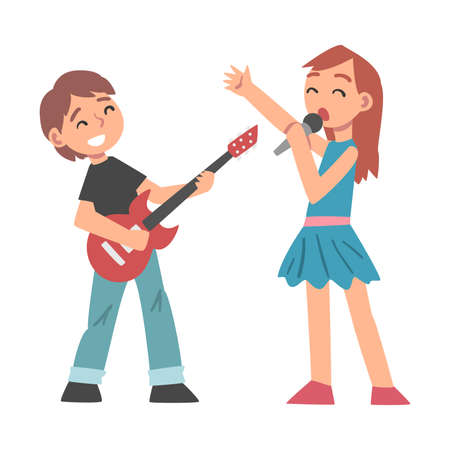 Cute Boy Playing Electric Guitar and Girl Singing with Microphone, Kid Learning to Play Musical Instrument Cartoon Style Vector Illustrationのイラスト素材