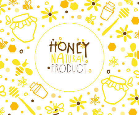 Honey Natural Product Banner Template with Apiary and Beekeeping Symbols Seamless Pattern, Brochure, Flyer, Poster, Card, Branding and Identity Concept Vector Illustrationのイラスト素材