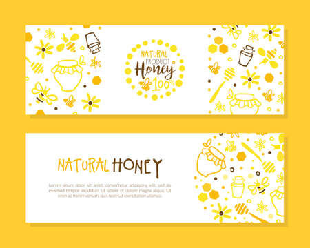 Honey Natural Product Banner Templates Set, Apiary and Beekeeping Organic Products Flyer, Poster, Card, Branding and Identity Concept Cartoon Vector Illustrationのイラスト素材