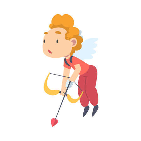 Cute Happy Cupid Boy with Wings, Joyful Kid Angel Dressed Red Clothes Flying with Bow Cartoon Style Vector Illustrationのイラスト素材