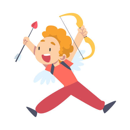 Happy Funny Cupid Boy with Wings, Joyful Kid Angel Dressed Red Clothes Having Fun with Bow Cartoon...