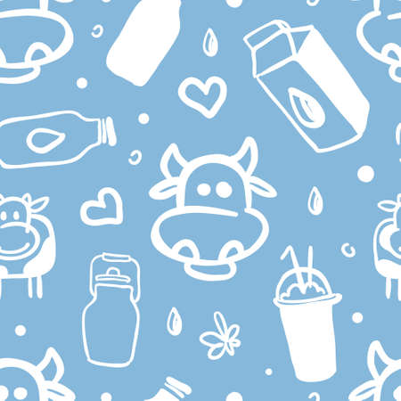 Natural Dairy Products Seamless Pattern, Organic Milk Food Endless Repeating Print Can be Used for Background, Wallpaper, Textile, Packaging Hand Drawn Vector Illustrationのイラスト素材