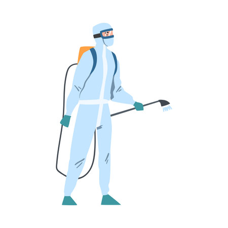Man in Protective Antiviral Suit Spraying Disinfectant, Preventive Measures against Spread of Coronavirus Disease Cartoon Style Vector Illustrationのイラスト素材
