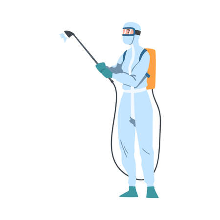 Disinfectant Worker in Antiviral Suit and Mask Spraying Disinfectant, Preventive Measures against Spread of  virus Disease Cartoon Style Vector Illustrationのイラスト素材