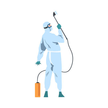 Back View of Person in Protective Antiviral Suit Spraying Disinfectant, Preventive Measures against Spread of  virus Disease Cartoon Style Vector Illustrationのイラスト素材
