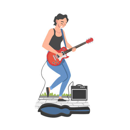 Girl Street Musician Playing Electric Guitar with Donate Guitar Case, Live Performance Concept Cartoon Style Vector Illustrationのイラスト素材