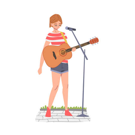 Girl Street Musician Playing Acoustic Guitar, Live Performance Concept Cartoon Style Vector Illustrationのイラスト素材
