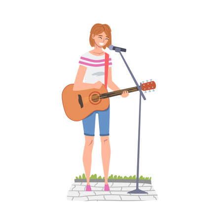 Street Female Musician Playing Acoustic Guitar and Singing, Live Performance Concept Cartoon Style Vector Illustrationのイラスト素材