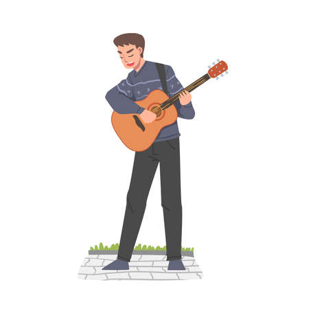 Male Street Guitarist Character Playing Acoustic Guitar, Live Performance Cartoon Style Vector Illustrationのイラスト素材