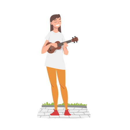 Woman Street Musician Character Playing Ukulele, Live Performance Concept Cartoon Style Vector Illustrationのイラスト素材