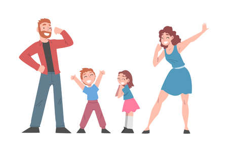 Happy Family Couple and their Kids Celebrating Victory, Expressing Succes or Having Fun, We Did It Concept Cartoon Vector Illustrationのイラスト素材