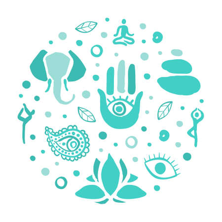 Meditation and Spiritual Practice Banner, Poster, Background, Card Design, Traditional Medicine, Yoga Class, Studio Template Hand Drawn Vector Illustrationのイラスト素材