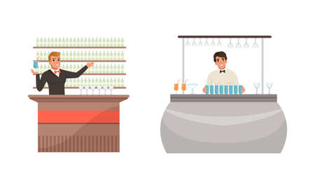 Cheerful Barmen Preparing Cocktails at Bar Counter Set, Bartenders Characters Mixing Ingredients Cartoon Vector Illustrationのイラスト素材