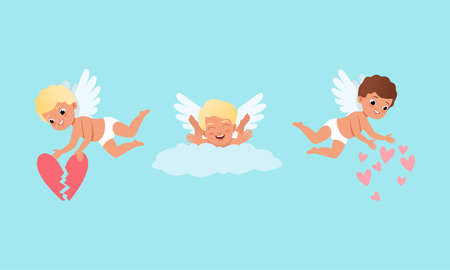 Cute Baby Cherubs with Hearts, Cute Lovely Boys Cupid Characters in Different Actions Cartoon Vector...