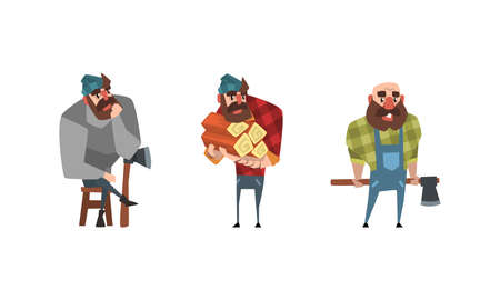 Bearded Lumberjack in Action Set, Powerful Woodcutter Character in Plaid Shirt Cartoon Vector Illustrationのイラスト素材