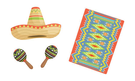 Mexican Carpet, Sombrero Hat and Maracas, Traditional Symbols of Mexico Set, Cartoon Vector...