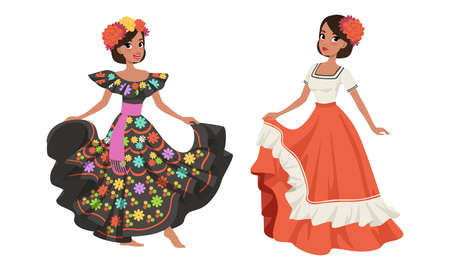 Mexican Dancing Women in Traditional National Clothes Cartoon Vector Illustrationのイラスト素材