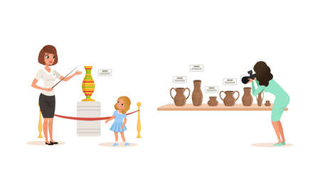 Visitors Viewing Ceramic Clay Antique Vessels at Historical Museum Cartoon Vector Illustrationのイラスト素材