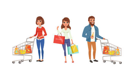 People with Shopping Carts and Bags Set, Men and Women Purchasing and Taking Part in Seasonal Sale Cartoon Vector Illustrationのイラスト素材