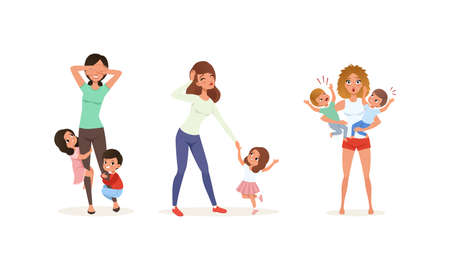 Tired Mothers and Their Children Set, Stressed Exhausted Moms with Naughty Kids, Parenthood Concept Cartoon Vector Illustrationのイラスト素材