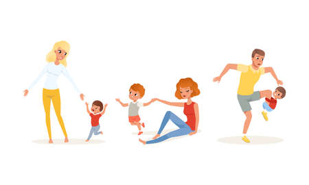 Tired Exhausted Parents and Children Set, Stressed Dad and Mom with Naughty Playful Sons Cartoon Vector Illustrationのイラスト素材