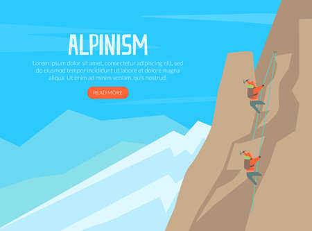 Alpinism Landing Page, Alpinist Climbing on Top of Mountain, Mountaineering, Climbing and Adventure Web Page Interface Cartoon Vector Illustrationのイラスト素材