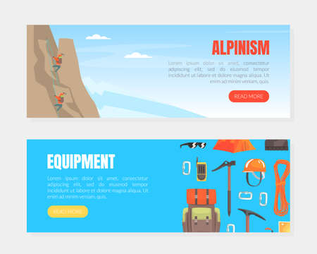 Alpinism Equipment Landing Page Templates Set, Hiking Accessories and Garments Shop Cartoon Vector Illustrationのイラスト素材