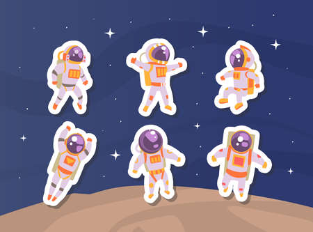 Astronaut Stickers Set, Cute Cosmonaut in Outer Space Patches Cartoon Vector Illustrationのイラスト素材